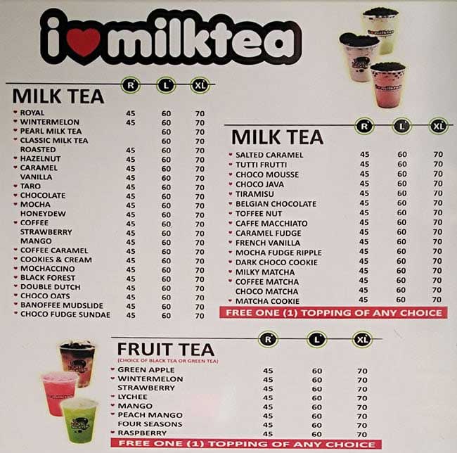 trà sữa menu milktea