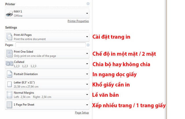 Giao diện hộp thoại settings với các thông số in cần lưu tâm